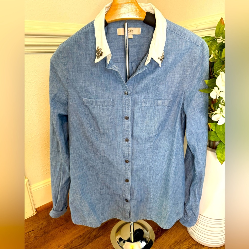 LOFT Blue Chambray Blouse with White Collar